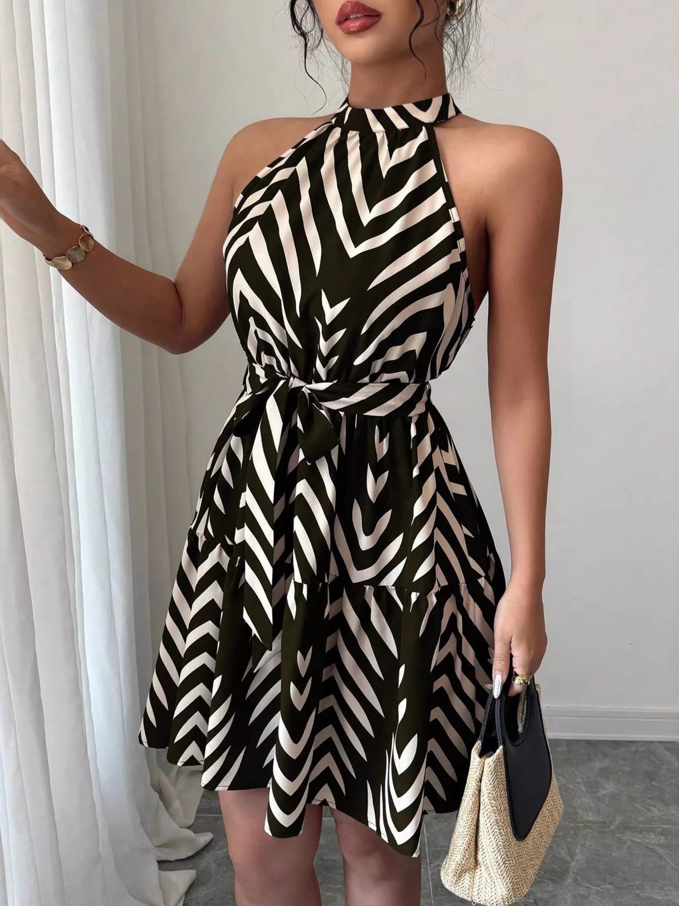 black zebra print mini dress Onaki Mini Dress in Zebra Flock Black