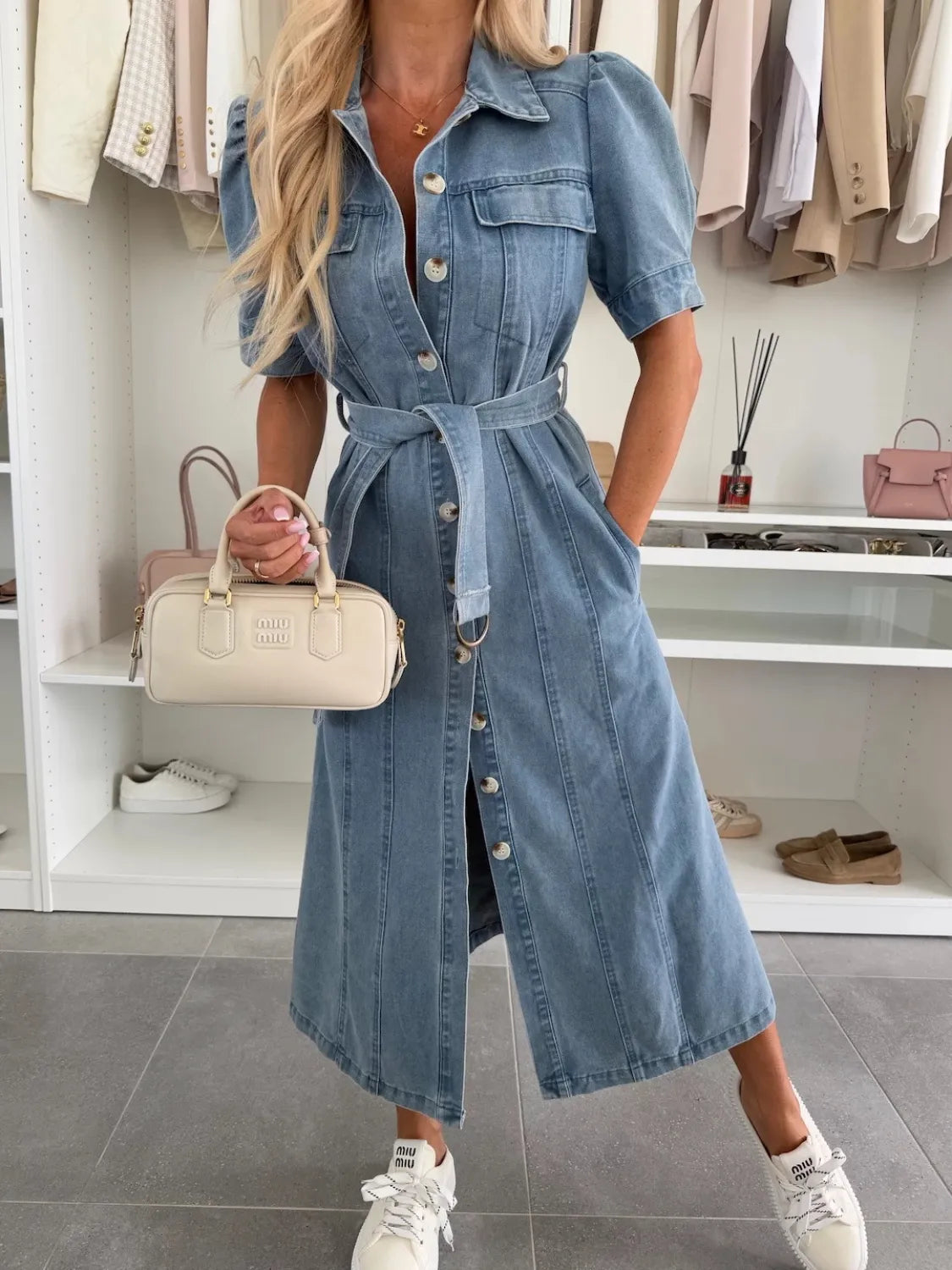 Puff Sleeve Belted Denim Midi Dress
