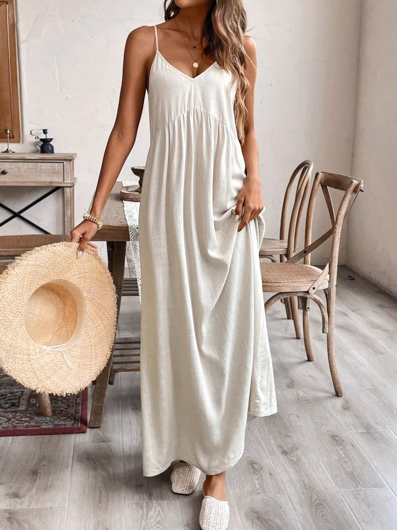 casual rayon dress Spaghetti Strap Maxi Linen Blend Apricot / XL Whether youre attending a Black Dress Cute Short Vanora Color:Black purple floral