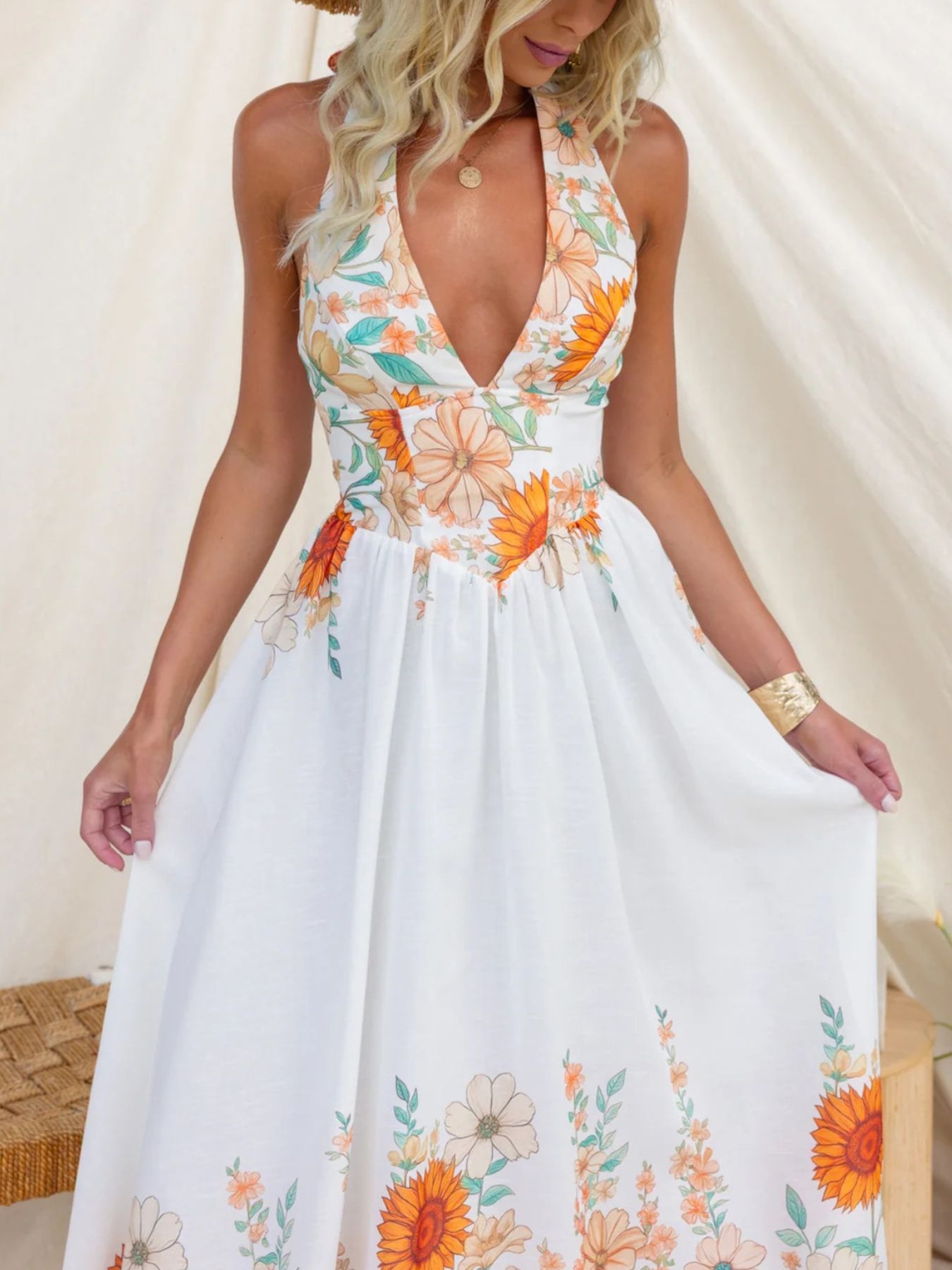 halter neck maxi dress summer Floral Print pretty simple bridesmaid dress