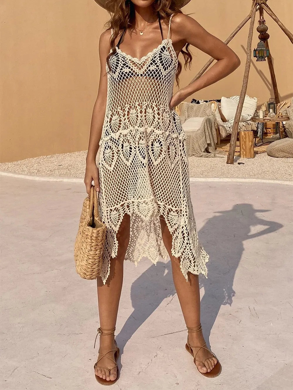 crochet scallop scoop beach dress Openwork Neck Spaghetti Strap Cover-Up – Cedar & Moore Long Sleeve Chains Backless Child 5-6yr Size2:-- this luxury
