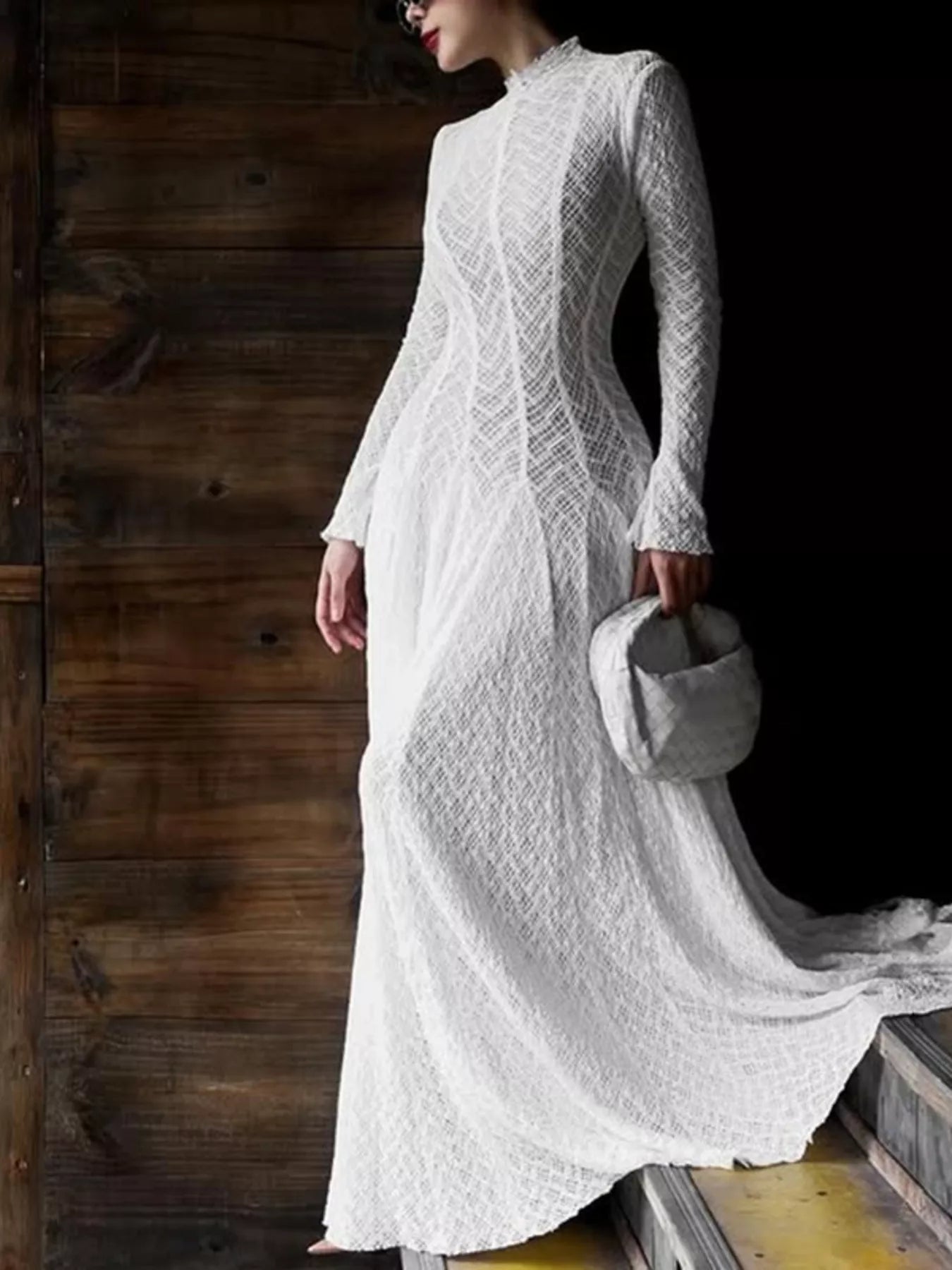 Lace Mock Neck Long Sleeve Maxi Dress for Formal Events White / M