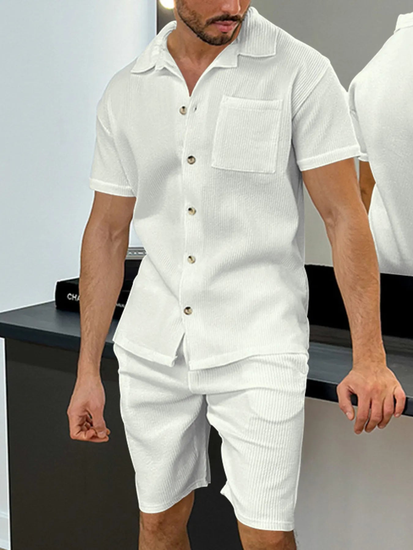 Men's Full Size Button Up Short Sleeve Shirt and Shorts Plus Size