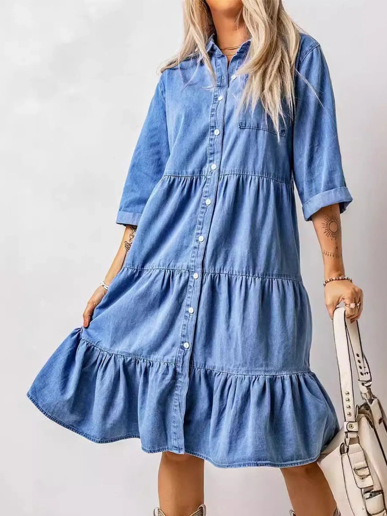 Ruffled Hem Denim-Inspired Button-Up Midi Dress (S-3XL) – Cedar & Moore