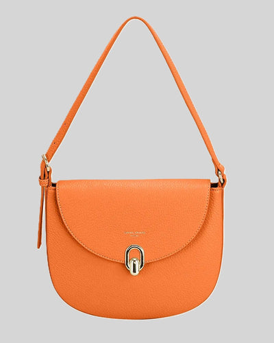 Orange pebbled leather crossbody bag with curved flap and gold turn-lock clasp.