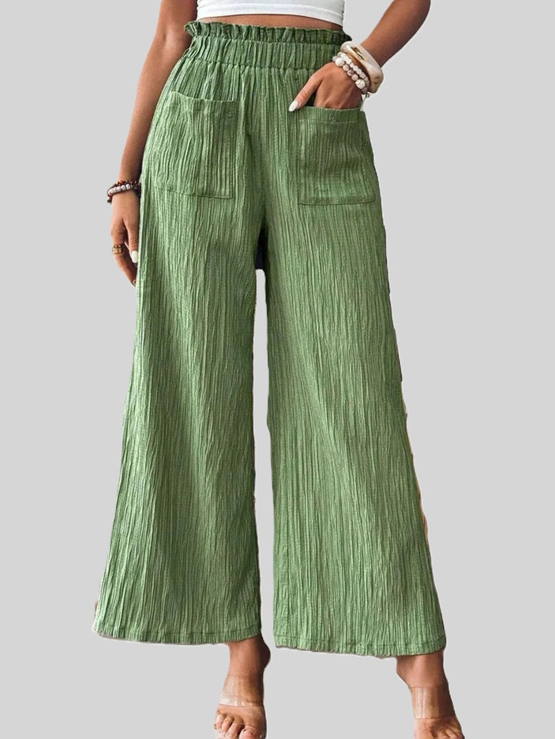Green textured wide-leg bottoms with elastic waistband and front pockets.