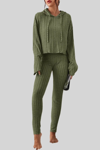 Olive-green ribbed knit hoodie with drawstrings and matching jogger pants.