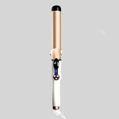 Curling wand with gold barrel, white handle, and digital temperature display