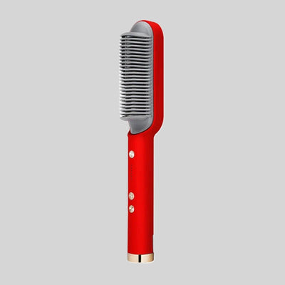 Red heated hair comb with metal bristles for styling.