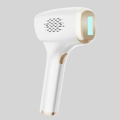 Hair removal handheld device with white body, gold trim, and blue-lit window