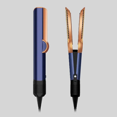 Hair straighteners with blue body and rose-gold plates, shown open and closed, corded.