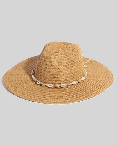 Beige straw sun hat with a wide brim and a shell-bead band.