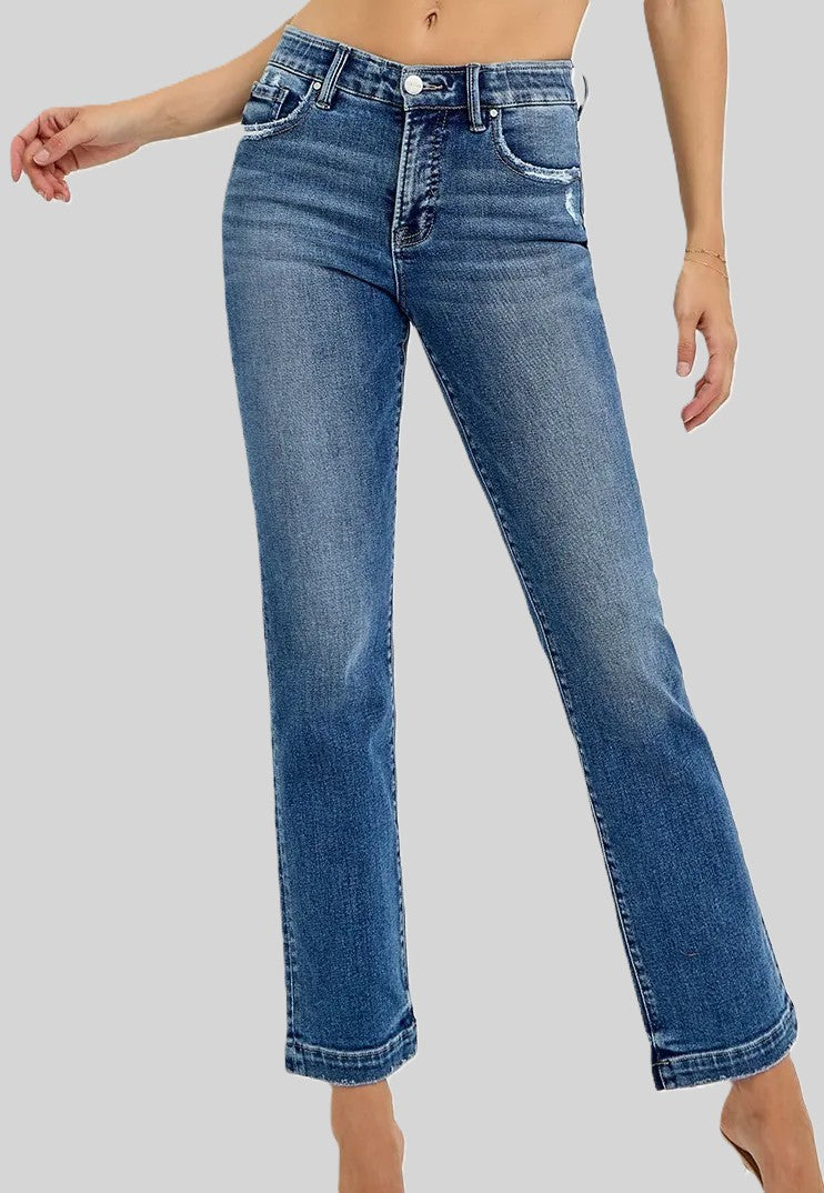 Blue denim jeans with mid-rise, classic five-pocket styling and light fade.