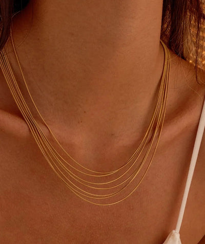 Gold multi-strand necklaces draped around a model's neck.
