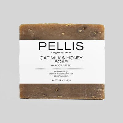Pellis Oat Milk & Honey Soap bar with handcrafted label.
