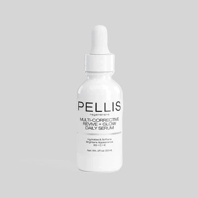 Pellis face serum bottle with dropper, white packaging and Revive & Glow Daily Serum label.