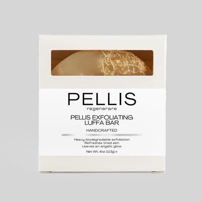 Pellis Exfoliating Luffa Bar in white boxed packaging with window showing loofah texture