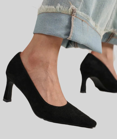 Heels & Pumps: black suede pointed-toe pump with mid-height heel worn with frayed-hem jeans