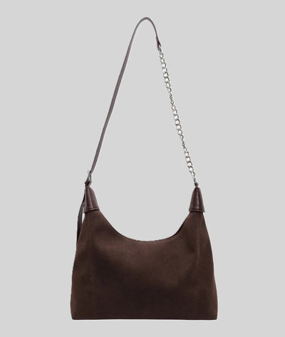 Brown suede shoulder bag with a silver chain strap and leather top handle.