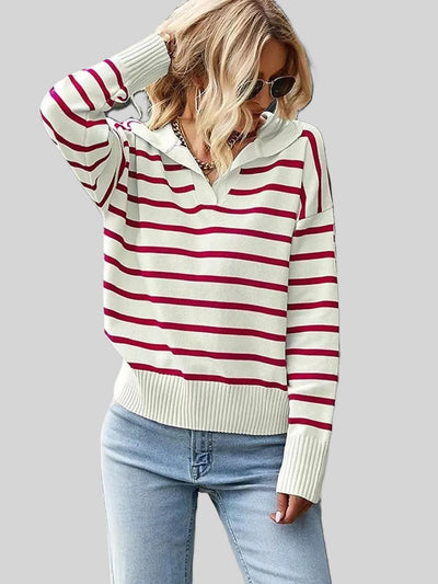 Striped white knit top with burgundy horizontal stripes, long sleeves, ribbed cuffs and hem