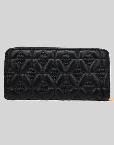 Black quilted wallet with geometric pattern and gold zipper.