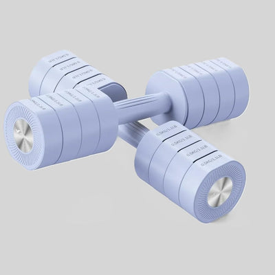 Two lavender adjustable dumbbells with stacked weight plates for home gym workouts.