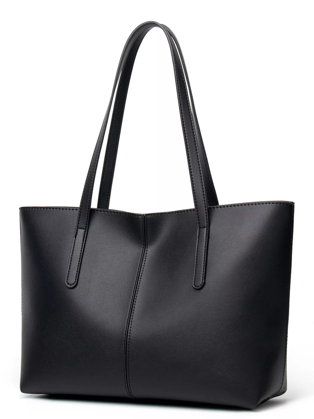 Black medium vegan leather tote bag with two long handles and stitched center seam