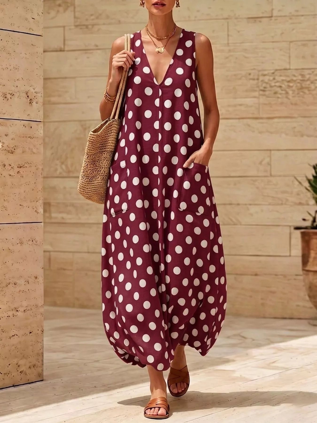 Burgundy polka dot V-neck sleeveless maxi dress with side pockets