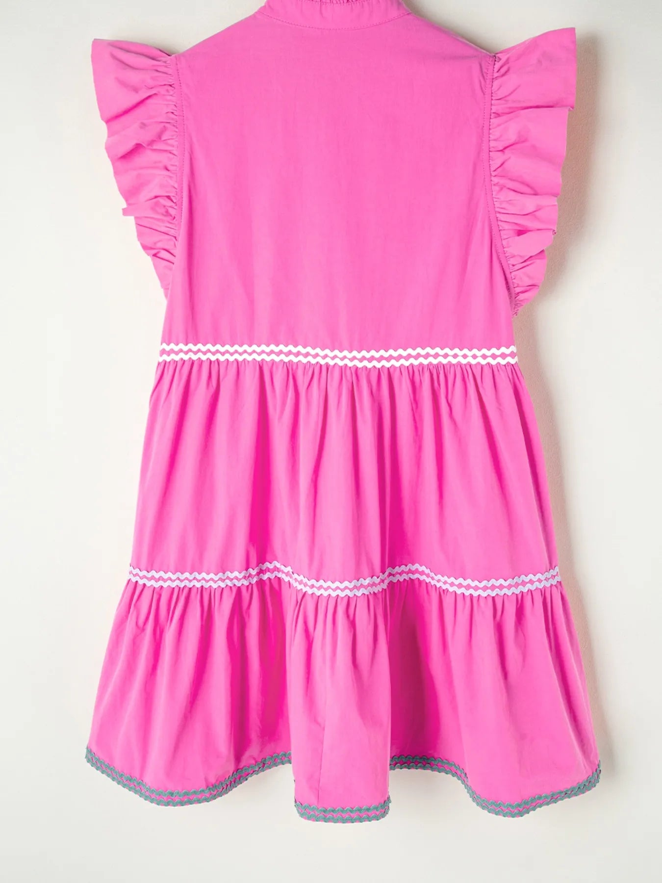 Ric Rac Colorblock Flutter Sleeve Tiered Dress by Trendsi; pink with white zigzag trim