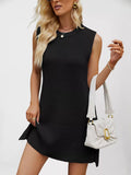 Black waffle-knit sleeveless mini dress with round neckline and asymmetrical hem