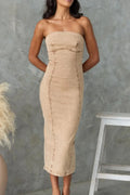 Tan washed denim tube dress with straight neckline and back slit