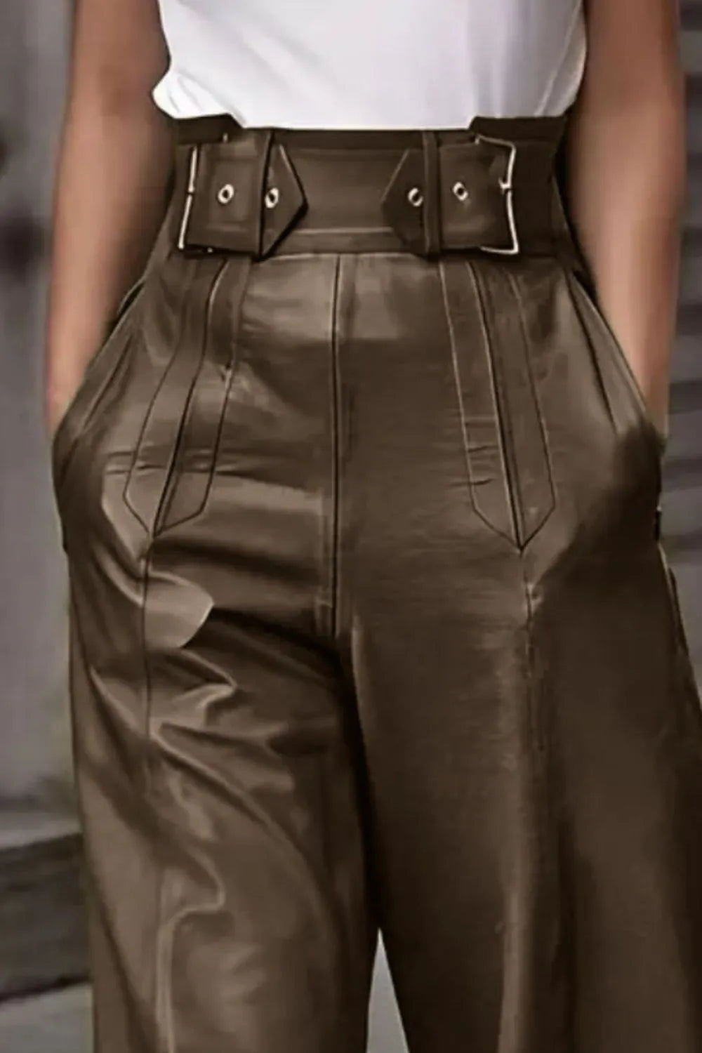 Taupe-brown high-waist wide flare pants with double buckle belt detail