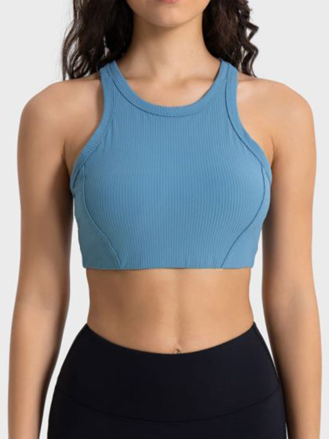 Blue cropped sport tank with wide straps and ribbed texture