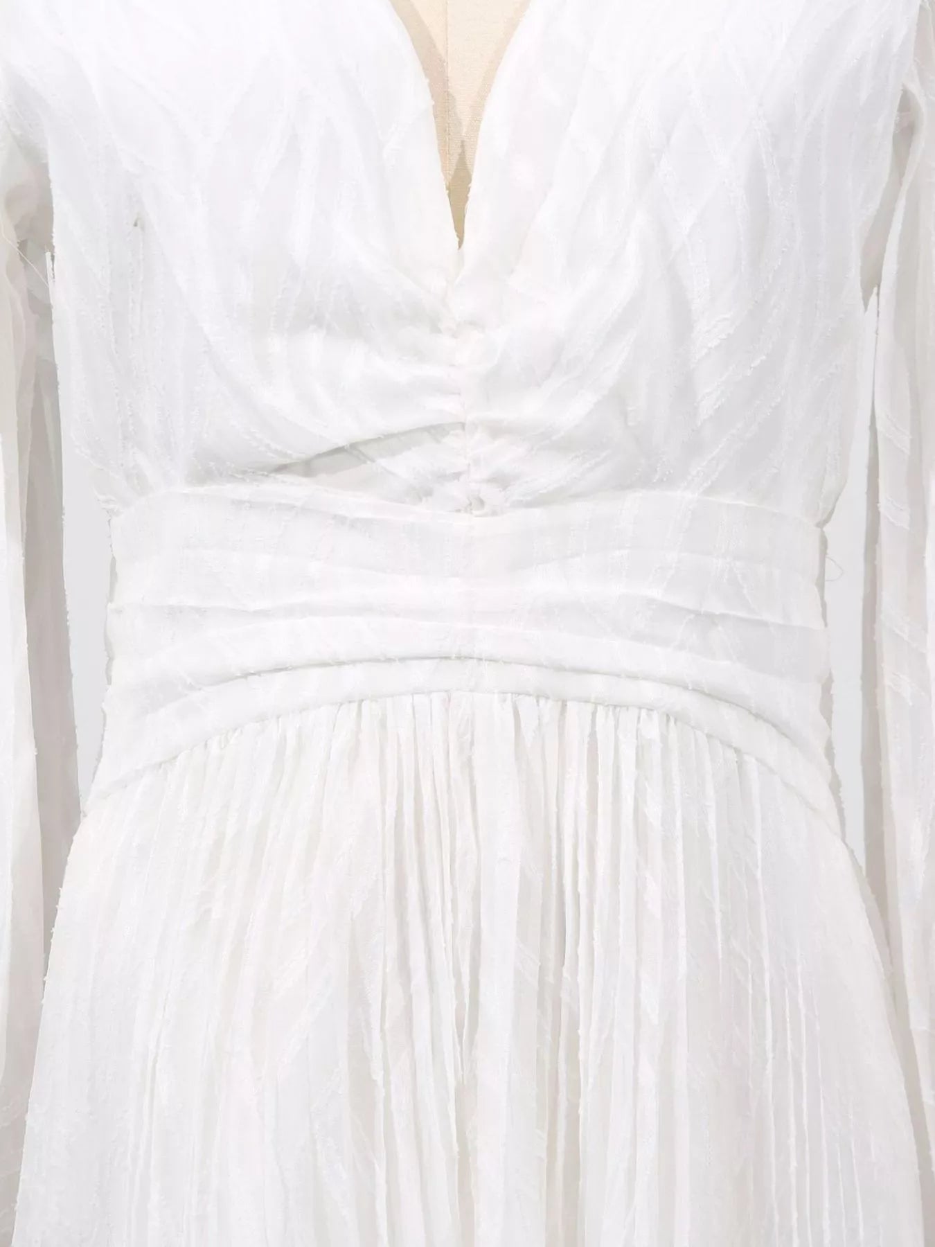 Cedar & Moore V-Neck Long Sleeve Maxi Dress, white fabric with tied waist and zipper detail