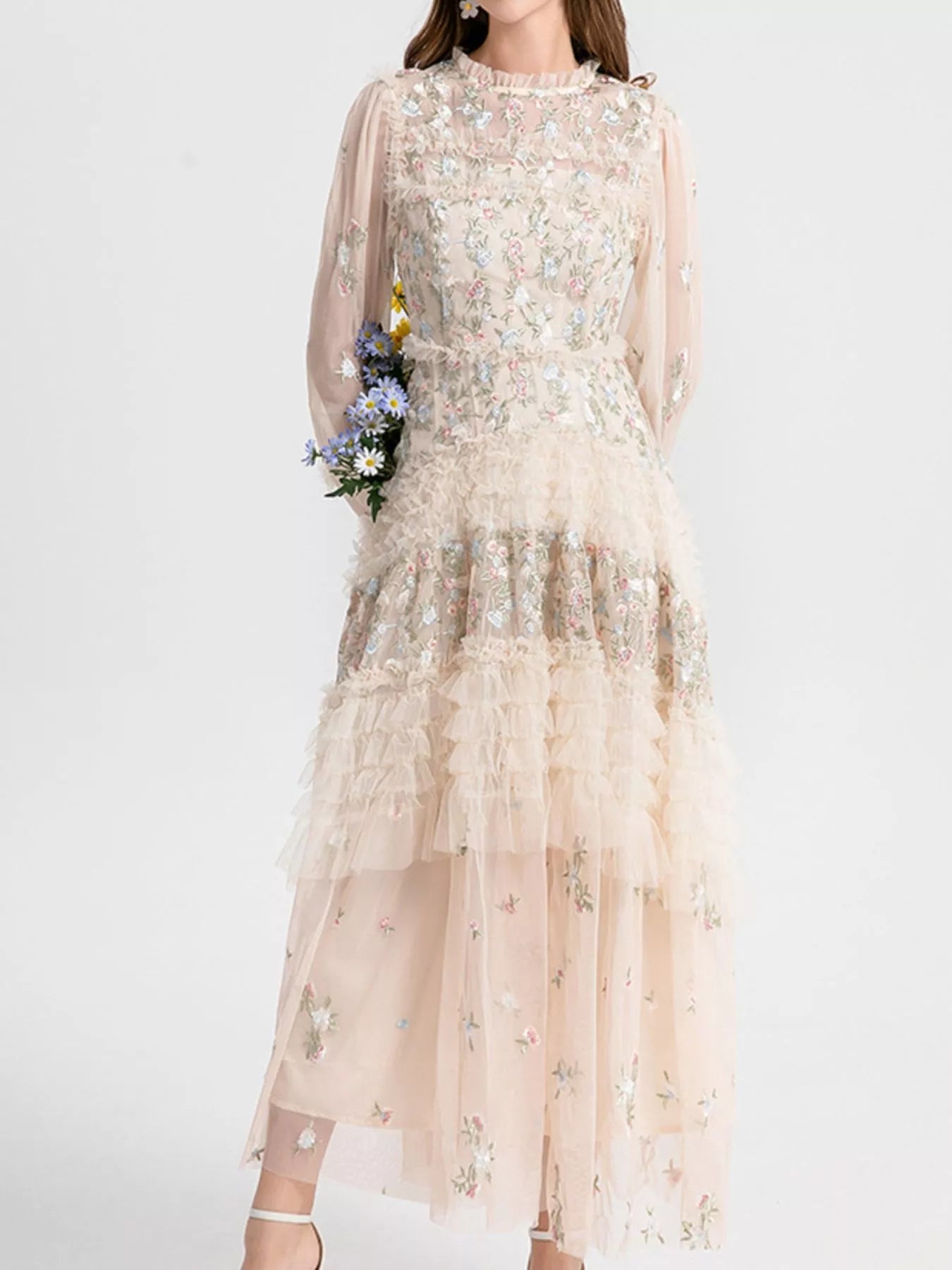 Cedar & Moore Floral Tulle Layered Maxi Dress, blush pink with lace embroidery and mesh layers