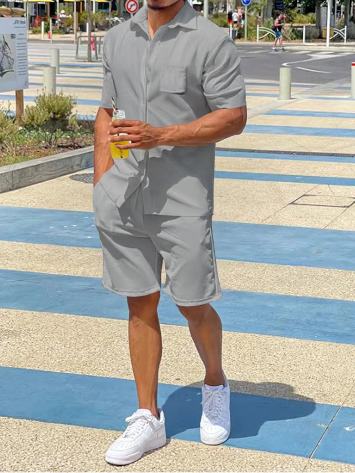 Light gray button-up shirt and matching shorts set, short sleeves and chest pocket