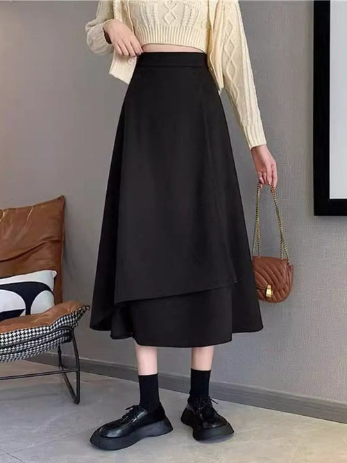 Black asymmetrical hem A-line skirt, front draped panel