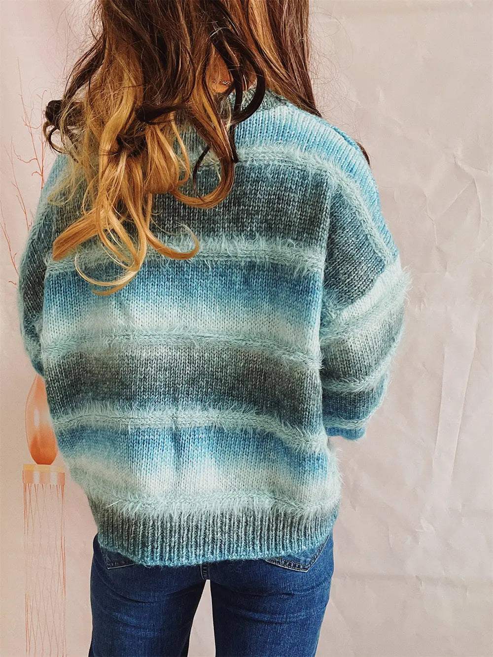 Blue and green striped round-neck long-sleeve sweater, textured knit and ribbed collar
