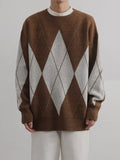 Brown and cream argyle oversized knit sweater with diamond pattern, crew neck