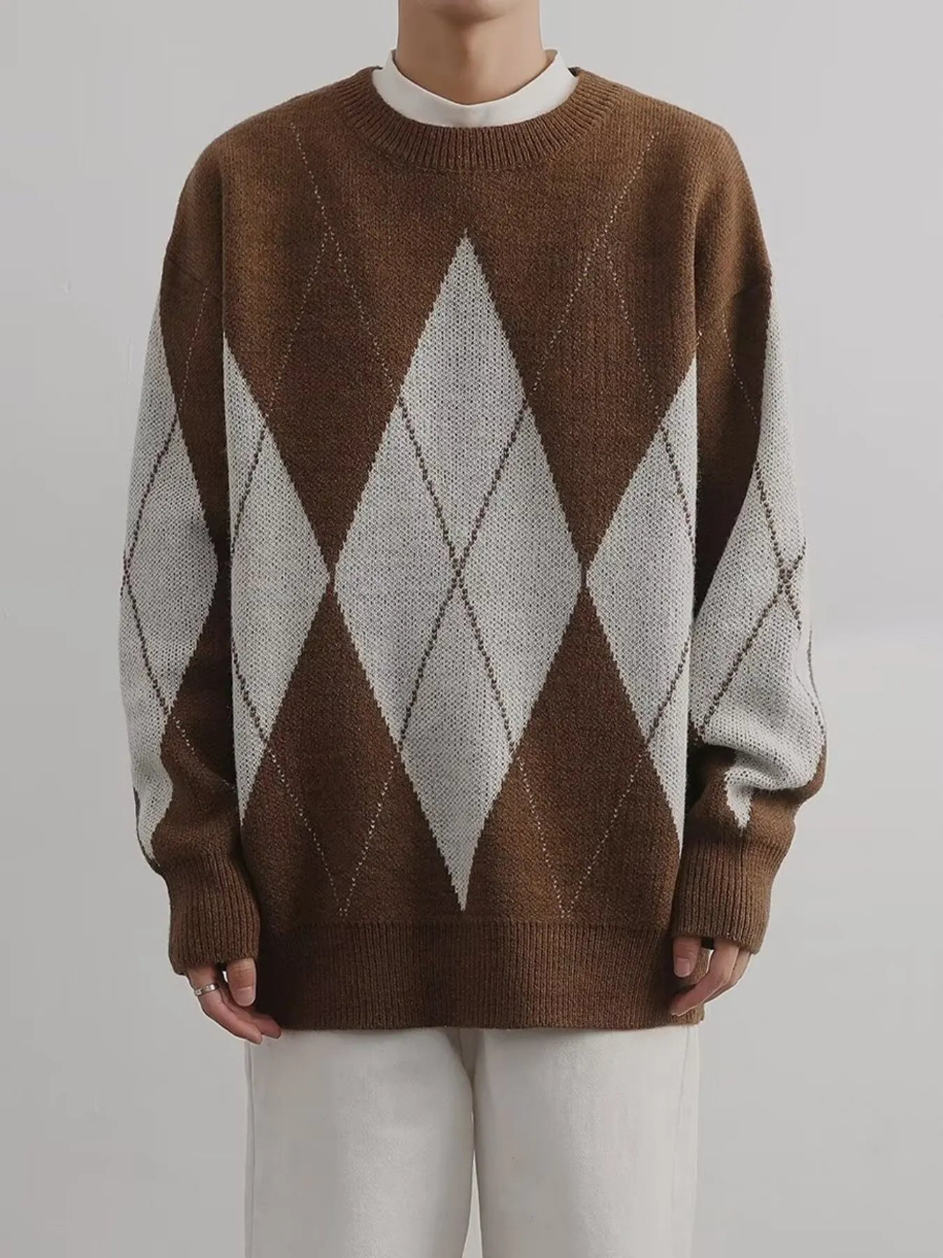 Brown and cream argyle oversized knit sweater with diamond pattern, crew neck