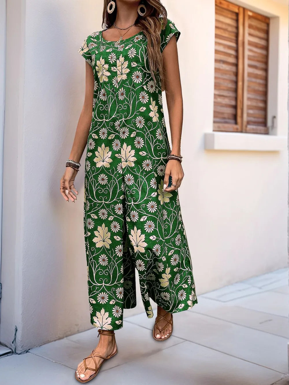 Green printed wide-leg jumpsuit with cap sleeves and round neck