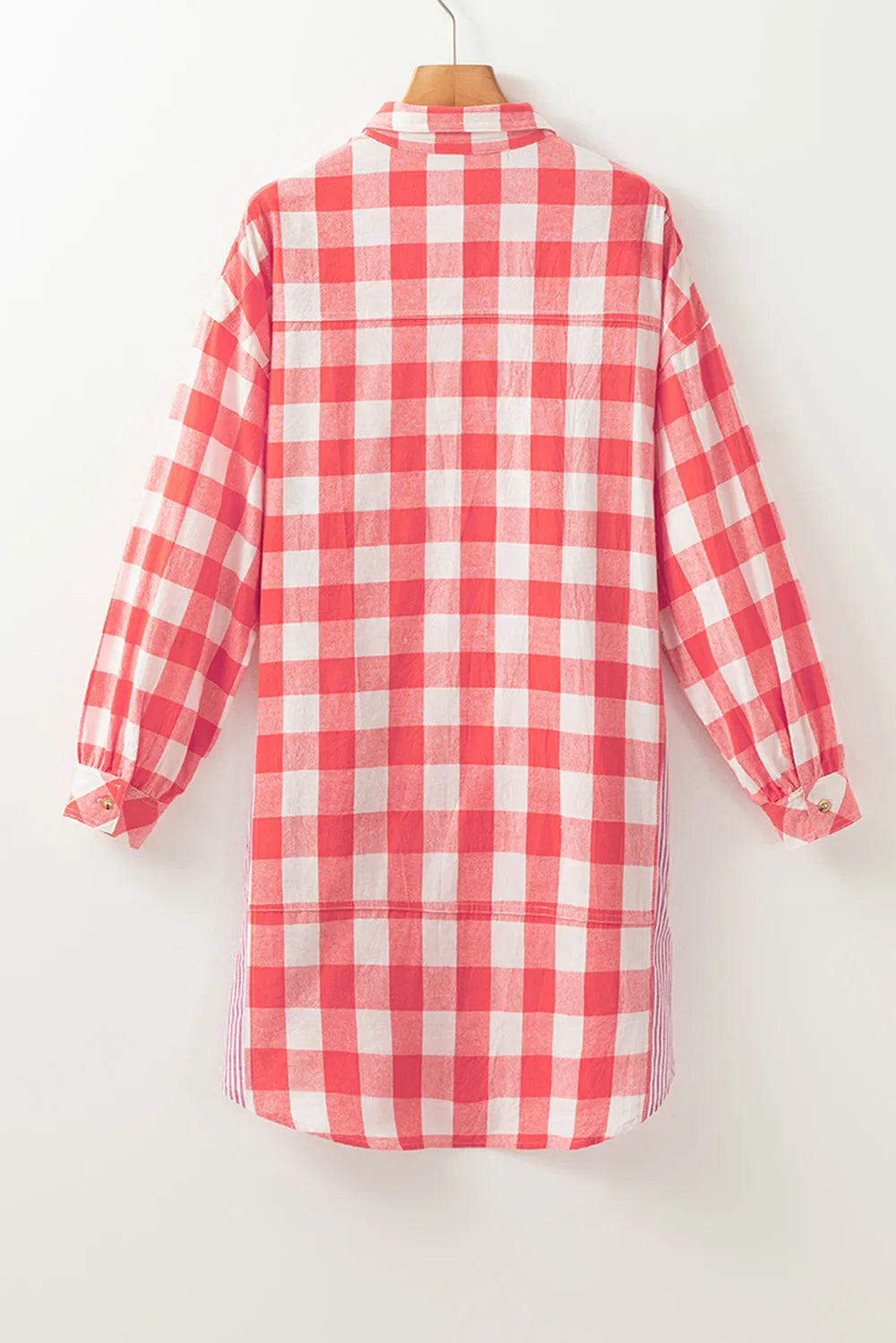 Strawberry plaid shirt dress back view, long sleeves with buttoned cuffs