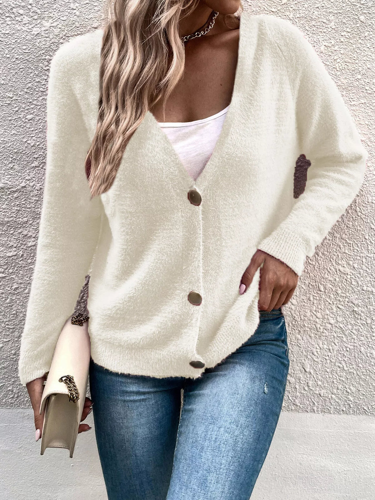 Cream fuzzy V-neck button cardigan, long sleeves, front buttons