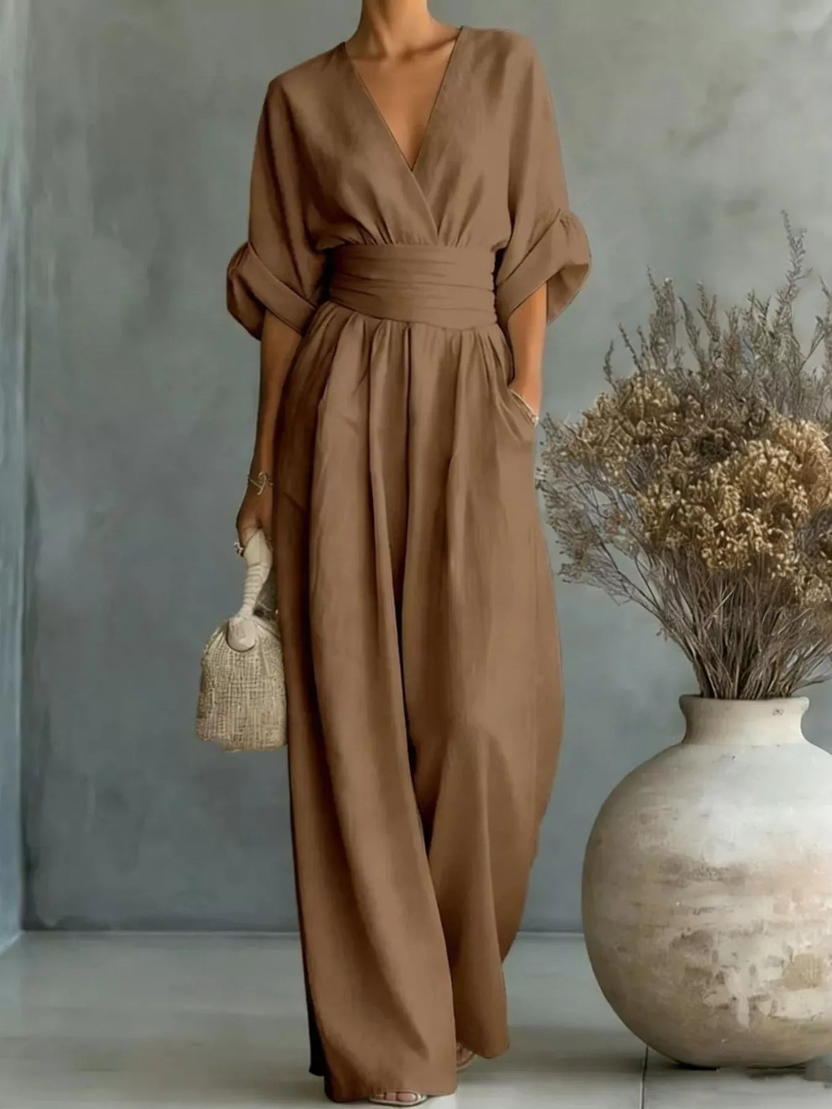 Ruched waist V-neck half-sleeve wide-leg jumpsuit, brown with side pockets