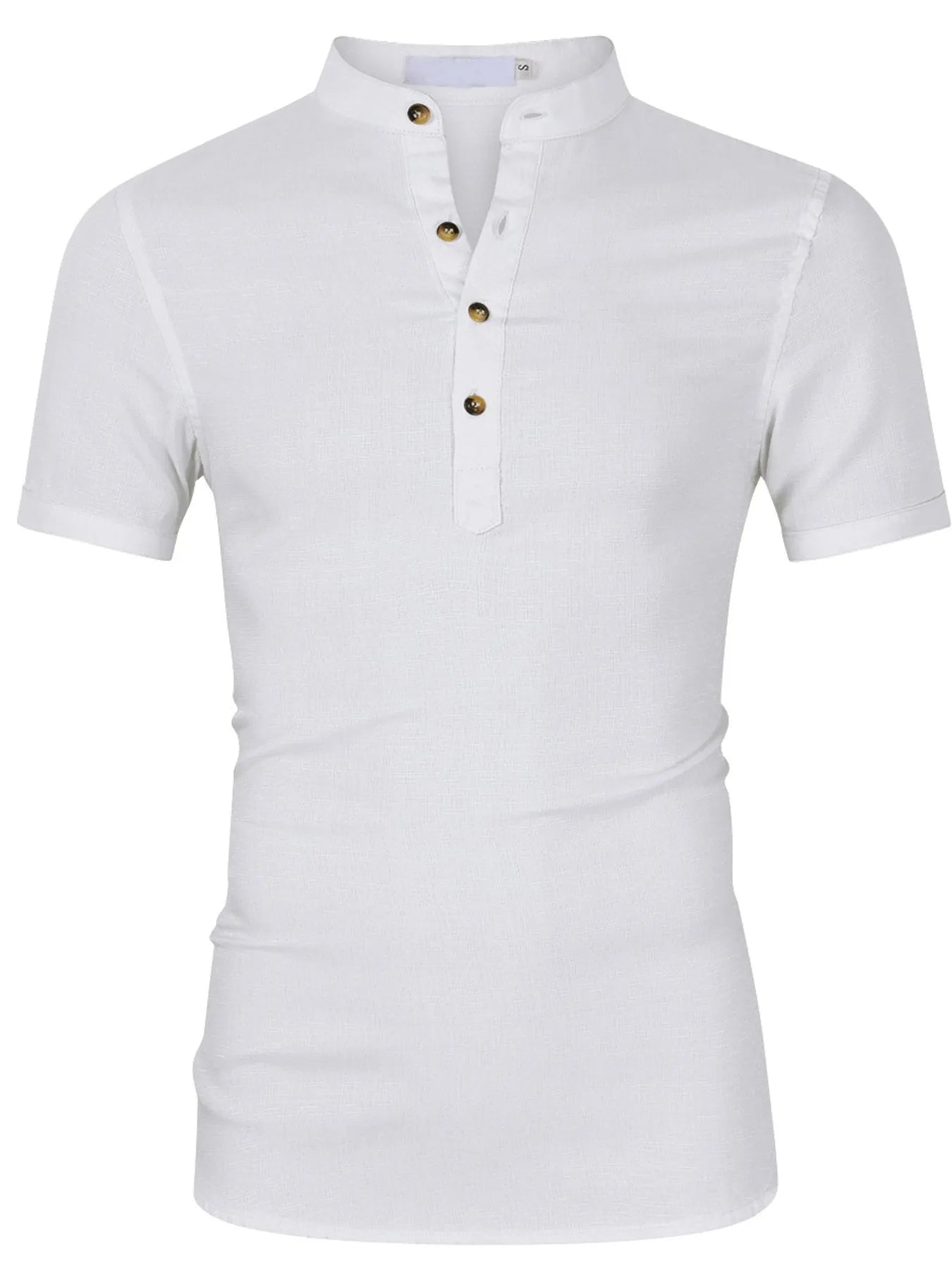 Men's white polo shirt with buttoned placket and short sleeves