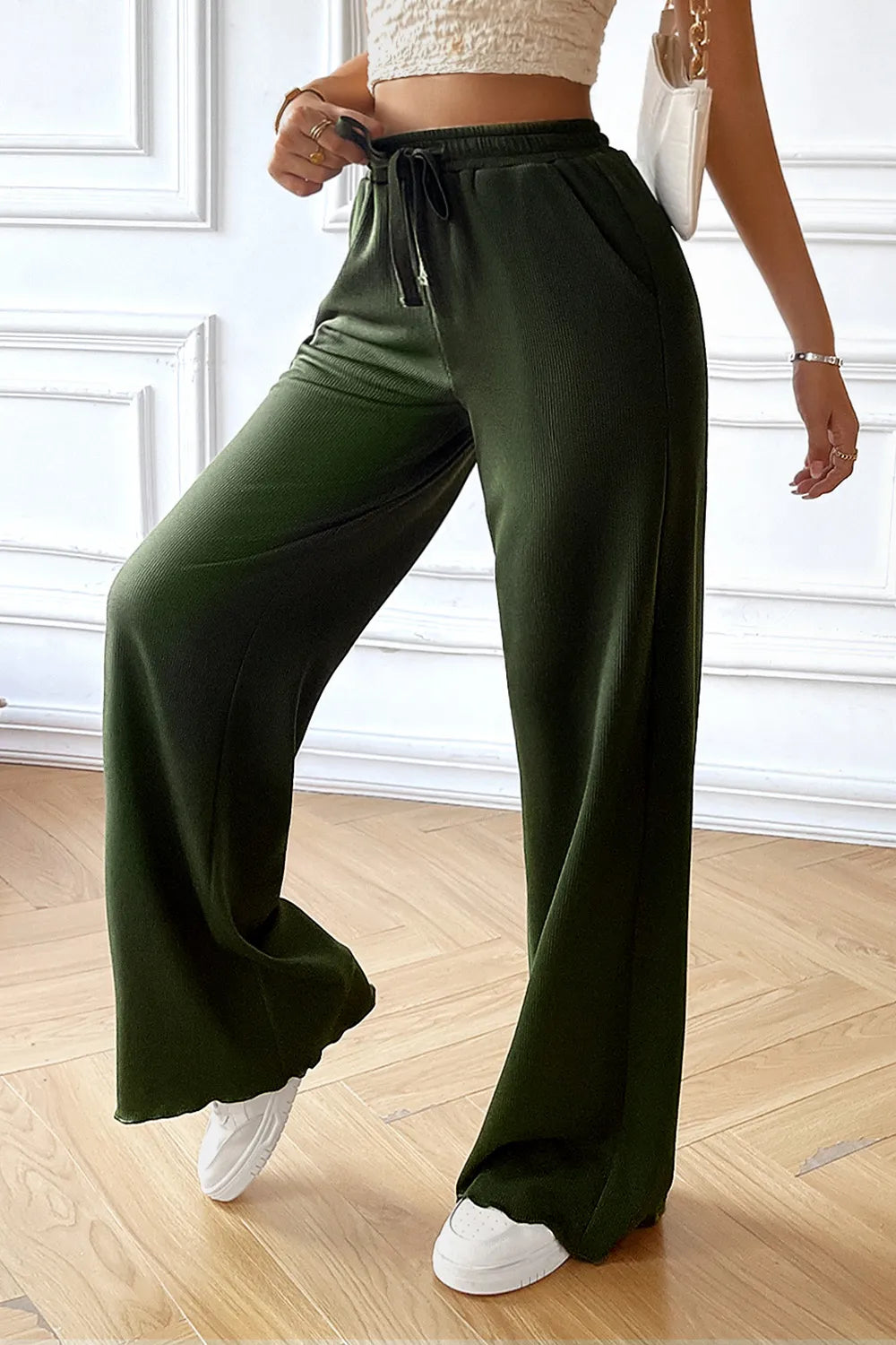 Wide-leg drawstring pants with pockets, dark green, elastic waist and long fall