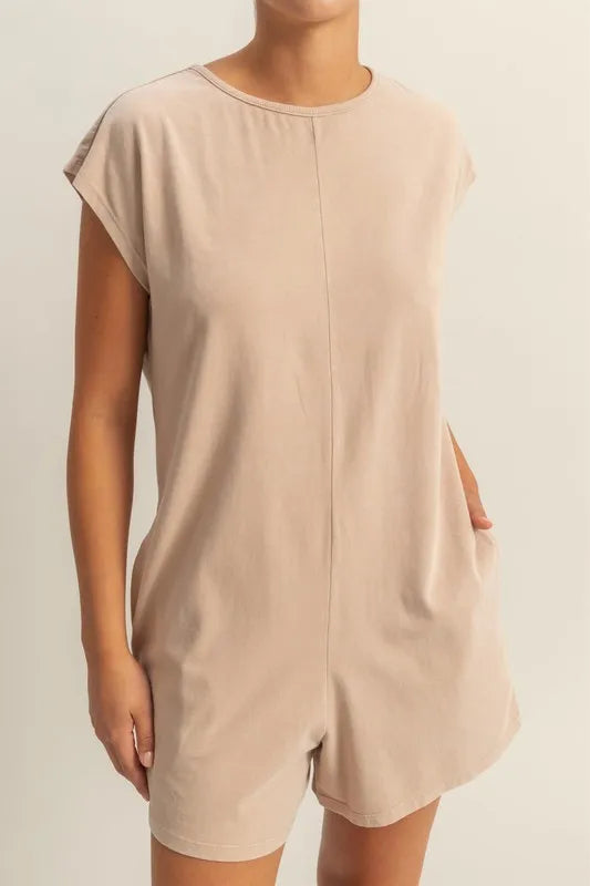 Cedar & Moore HYFVE beige round-neck cap-sleeve relaxed-fit breezy romper by Trendsi