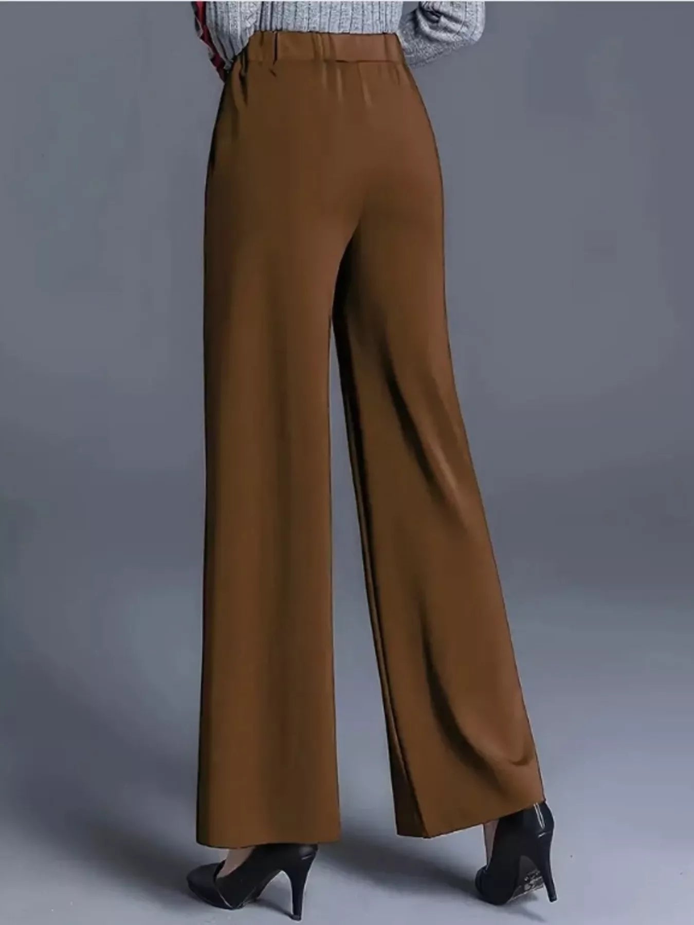 High-waisted wide-leg pants in dark brown, long wide legs with clean waistband and crease lines