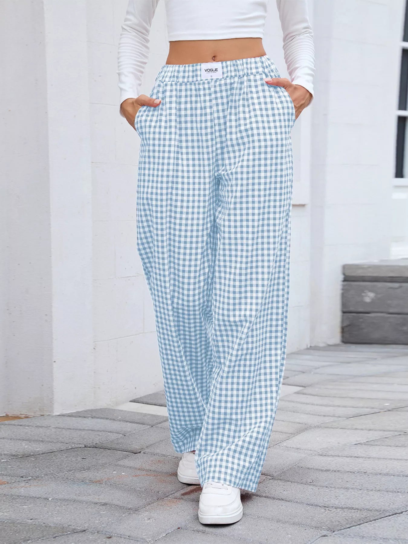 Light blue and white plaid wide-leg casual pants with elastic waistband