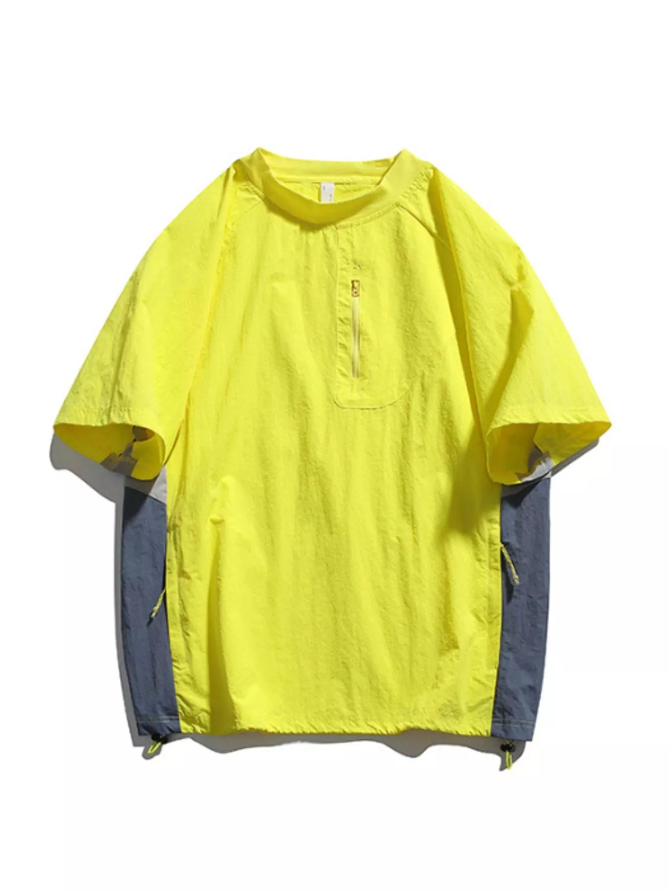 Men's contrast round-neck short-sleeve t-shirt, lemon yellow with small button placket